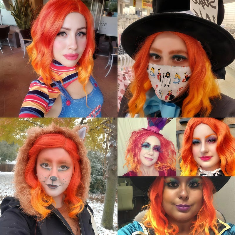 Cying Lin Short Bob Wavy Curly Wig Ombre Orange Wig For Women Fire Wigs Cosplay Halloween Wigs Heat Resistant Bob Party Wig Include Wig Cap (Orange) - Image 2